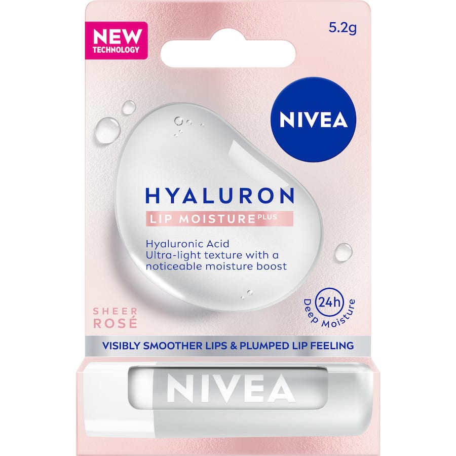 Nivea Hyaluron Lip Balm Sheer Rose features ultra-light hydration with hyaluronic acid, menthol, and a sheer rose tint for vibrant lips.