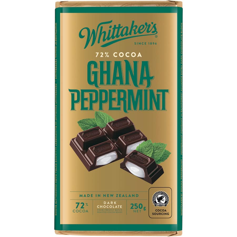 Rich 72% dark chocolate with refreshing peppermint fondant, crafted from Ghanaian cocoa for a luxurious taste experience.