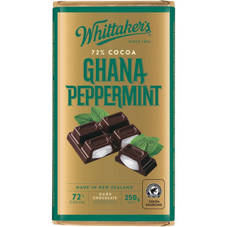 Rich 72% dark chocolate with refreshing peppermint fondant, crafted from Ghanaian cocoa for a luxurious taste experience.