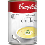 A can of Campbell's Cream of Chicken Soup, rich and creamy, perfect for quick meals and versatile recipes.