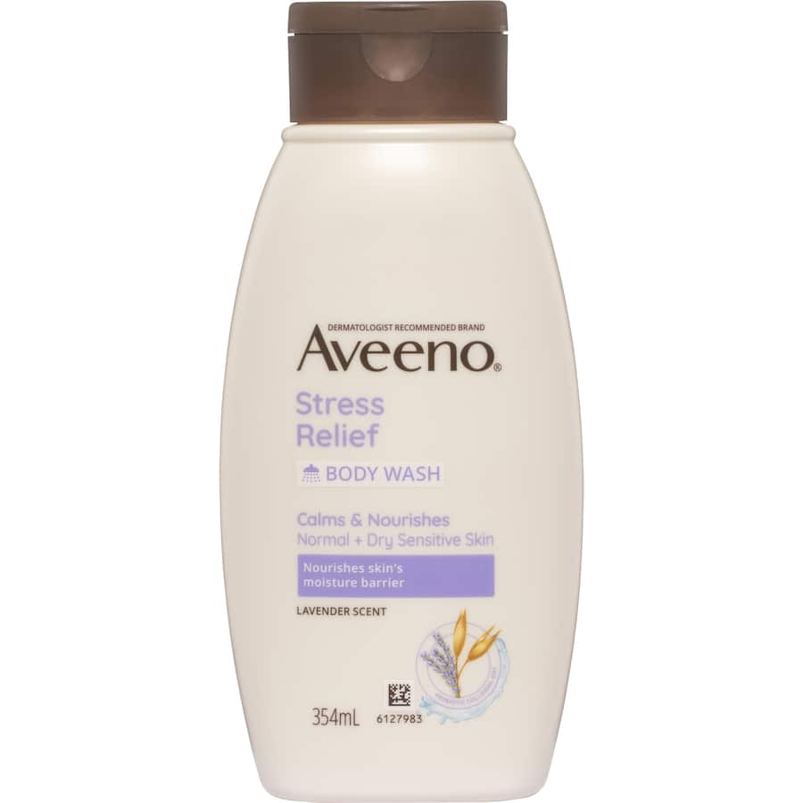 Aveeno Body Wash Stress Relief features a soothing lavender scent and prebiotic colloidal oat for hydrating sensitive skin.