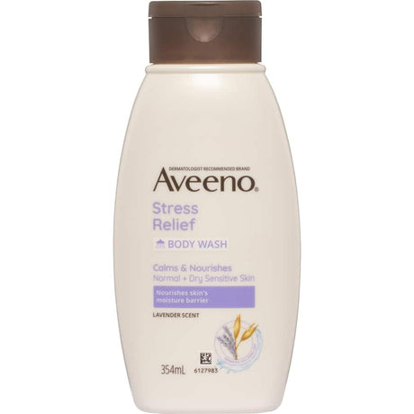 Aveeno Body Wash Stress Relief features a soothing lavender scent and prebiotic colloidal oat for hydrating sensitive skin.
