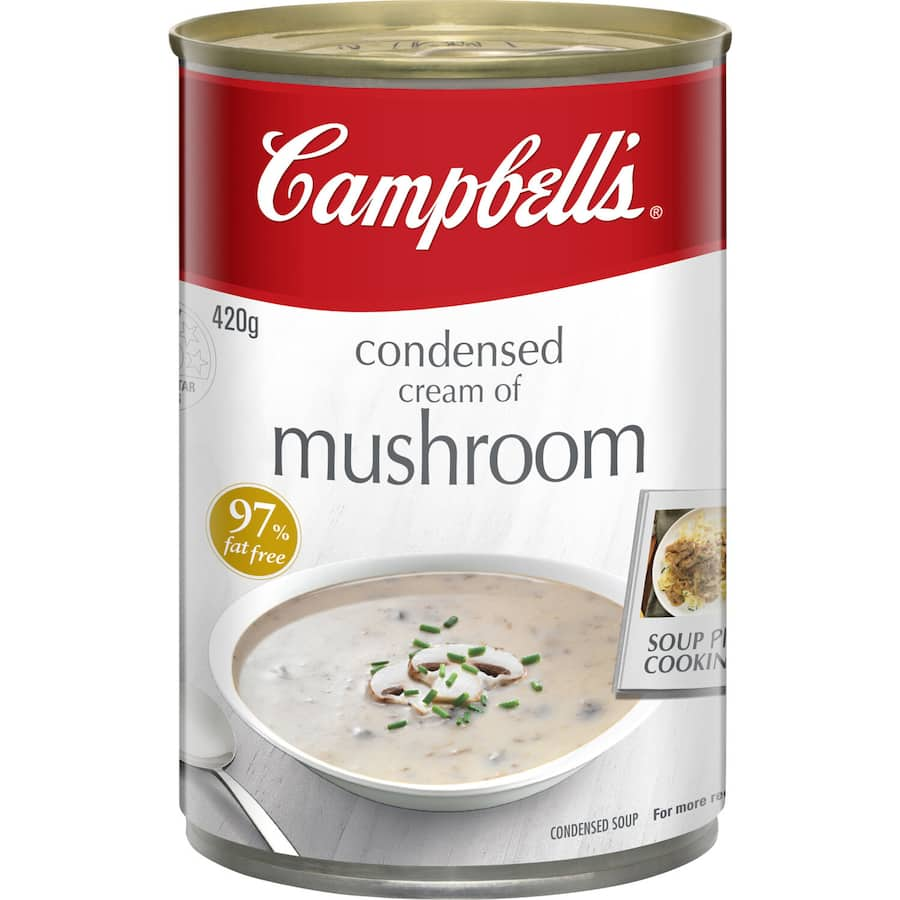 Creamy Campbell's Soup Cream Of Mushroom, perfect for comforting meals, casseroles, and sauces, with no added MSG or preservatives.