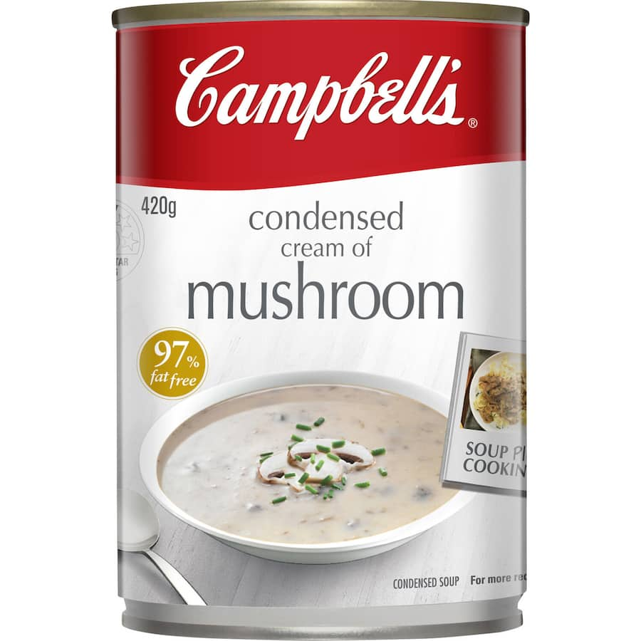 Creamy Campbell's Soup Cream Of Mushroom in a can, perfect as a meal or ingredient for casseroles and sauces.