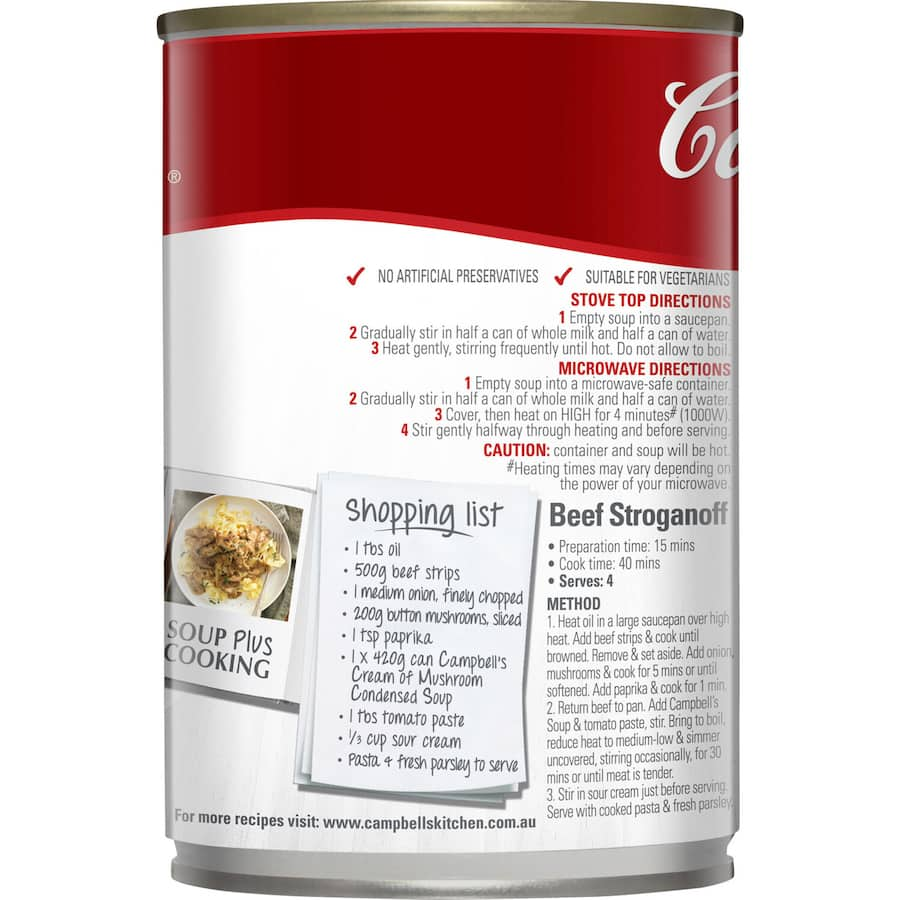 Creamy Campbell's Soup Cream Of Mushroom in a can, perfect for soups, casseroles, and quick meals, without added MSG or preservatives.