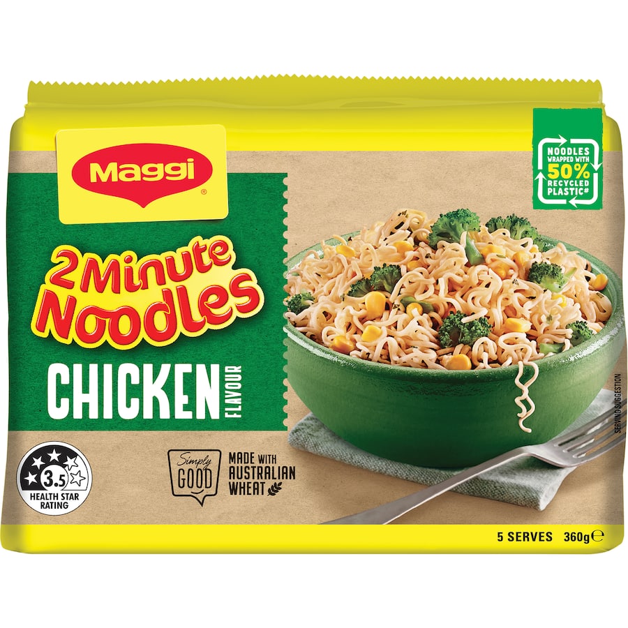 Maggi 2 Minute Instant Noodles Chicken Multi Pack, quick and flavorful meal or snack, customizable with proteins and veggies.