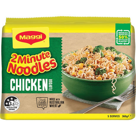 Maggi 2 Minute Instant Noodles Chicken Multi Pack, quick and flavorful meal or snack, customizable with proteins and veggies.