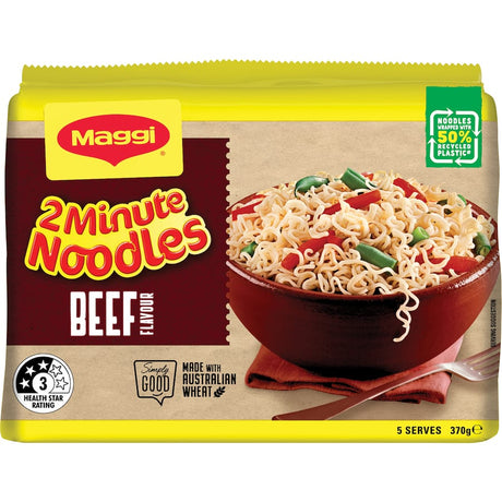 Maggi 2 Minute Instant Noodles Beef Multi Pack offers quick, savory noodles in a convenient multi-pack for easy meals.