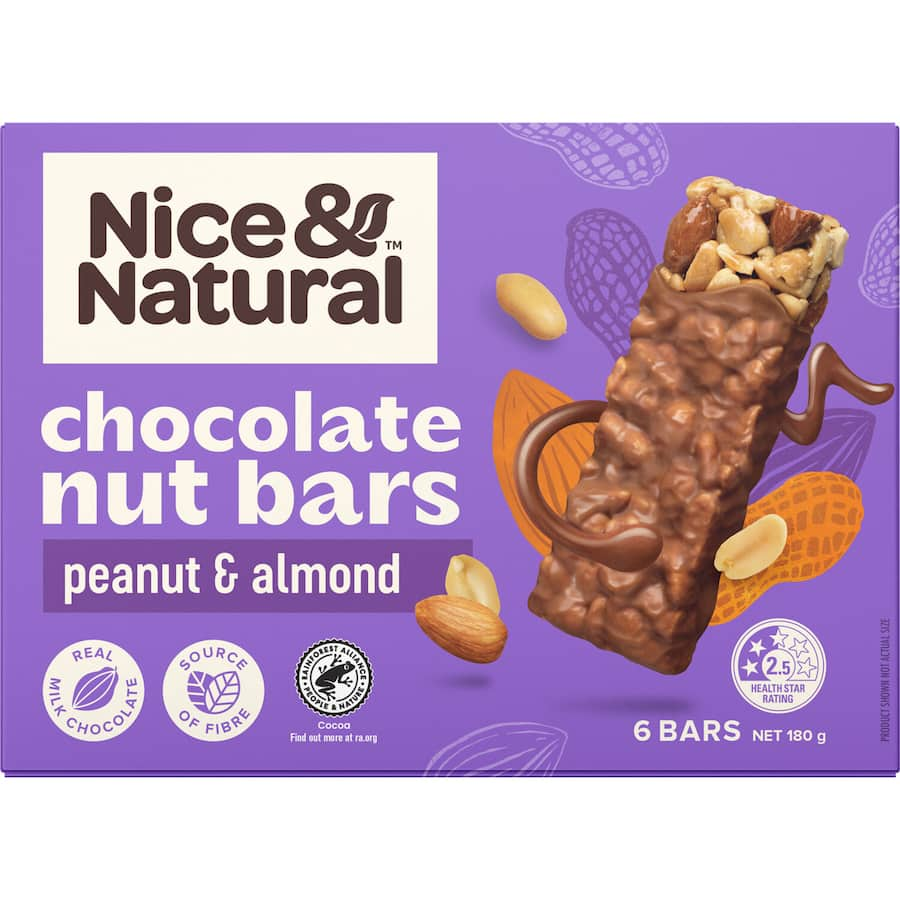 Chocolate nut bar featuring peanuts and almonds, rich in protein and fiber, perfect for health-conscious snacking.