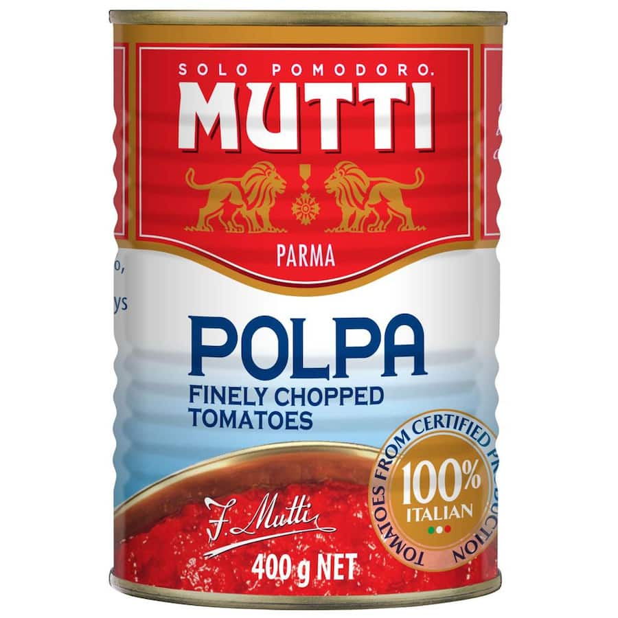 Finely chopped Italian tomatoes in a can, perfect for sauces, stews, and a variety of culinary dishes.