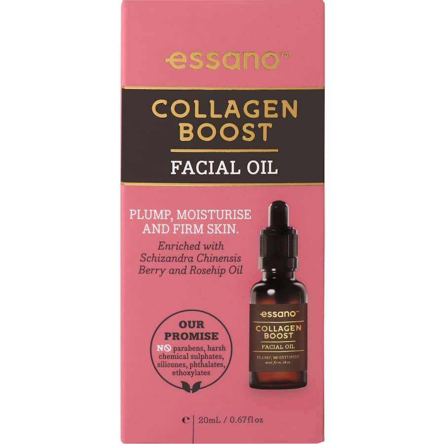 Essano Collagen Boost Facial Oil with rosehip and schisandra berry for youthful, firm, and hydrated skin.