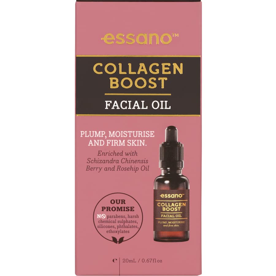 Essano Collagen Boost Facial Oil with schisandra and rosehip for intense hydration, elasticity, and youthful skin glow.