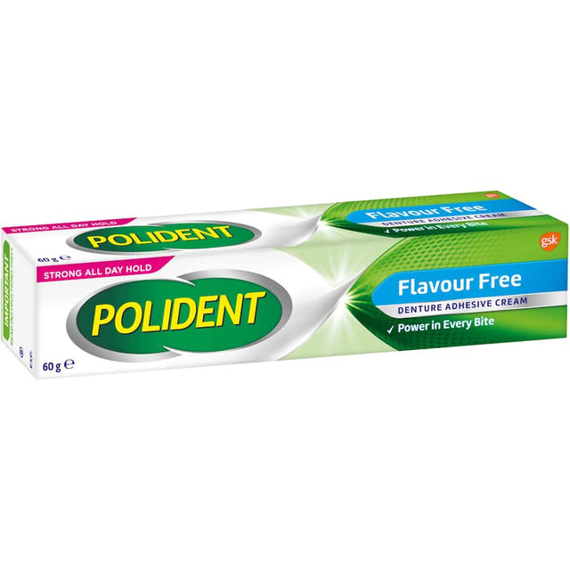 Polident Denture Adhesive Cream Flavour Free provides strong, flavourless all-day hold for secure, comfortable denture wear.