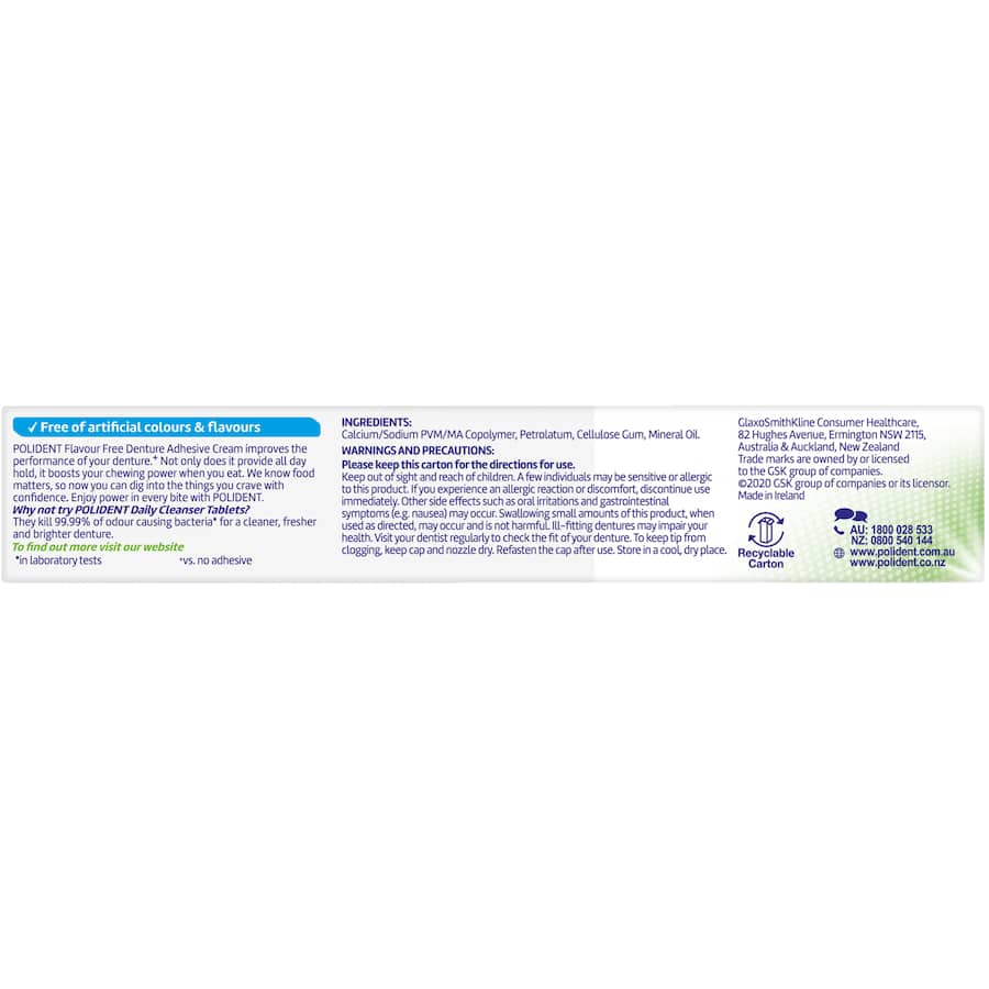 Polident flavour-free denture adhesive cream ensures strong all-day hold, enhancing comfort and sealing out food particles.