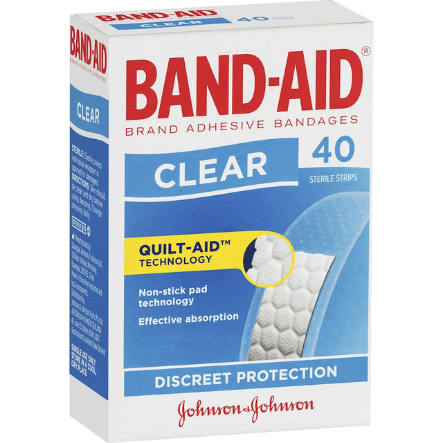 Clear Band Aid Plasters featuring Quilt-Aid technology for discreet, breathable protection of minor cuts and scrapes.