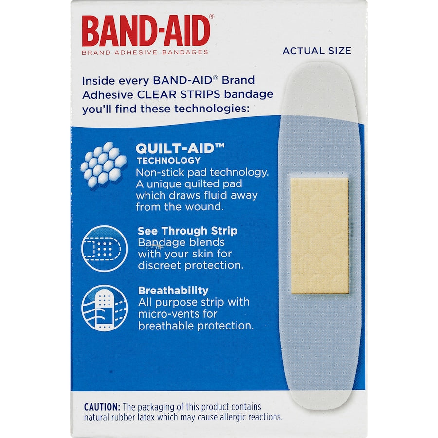 Band Aid Plasters Clear Strips provide discreet wound care with breathable, non-stick pads and advanced Quilt-Aid technology.