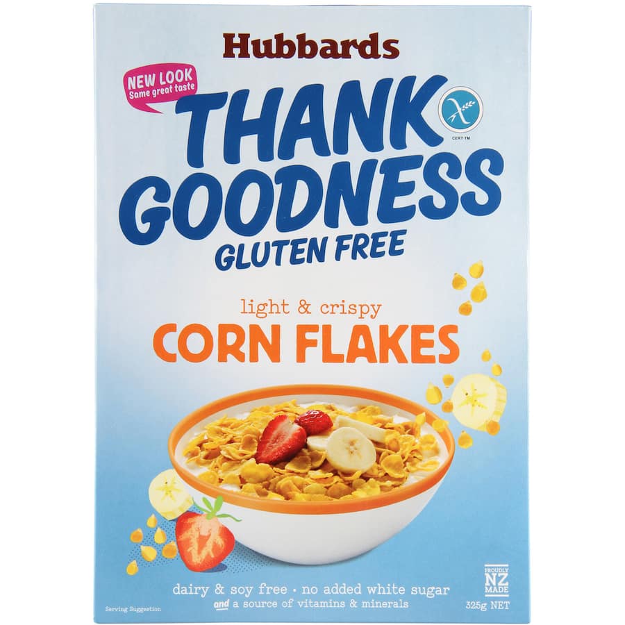 Hubbards Thank Goodness Gluten Free Cornflakes, light and crispy, sweetened with apple juice, ideal for vegan and allergy-friendly diets.