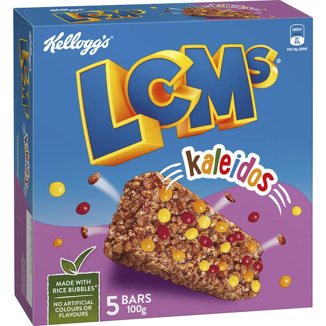 Kellogg's LCMs Cereal Bars with Rice Bubbles, chocolate chips, and colorful candy; a wholesome, fun snack for kids.