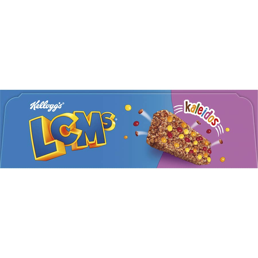 Kellogg's LCMs Cereal Bars with Rice Bubbles, chocolate chips, and colorful wrappers, perfect for snacks and lunchboxes.