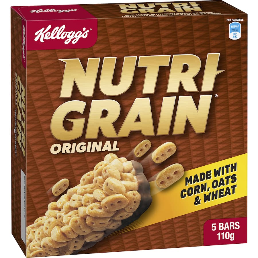 Kellogg's Nutrigrain Cereal Bars Original, 5-pack, nutritious snack bars with corn, oats, and chocolate flavor, perfect for on-the-go.