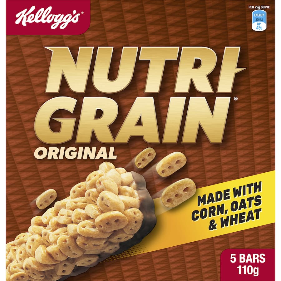 Kellogg's Nutrigrain Cereal Bars Original in multi-pack, featuring a crunchy blend of corn, oats, and chocolate flavor.