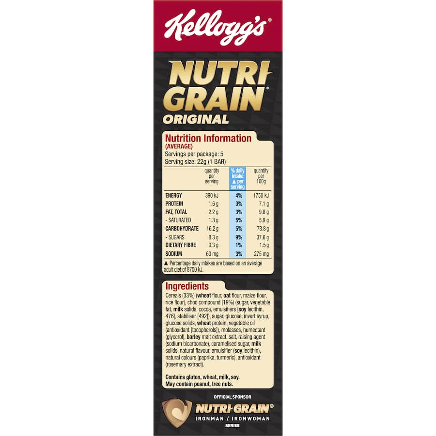 Kellogg's Nutrigrain Cereal Bars Original packed with corn, oats, wheat, and rice, offering a tasty and nutritious on-the-go snack.