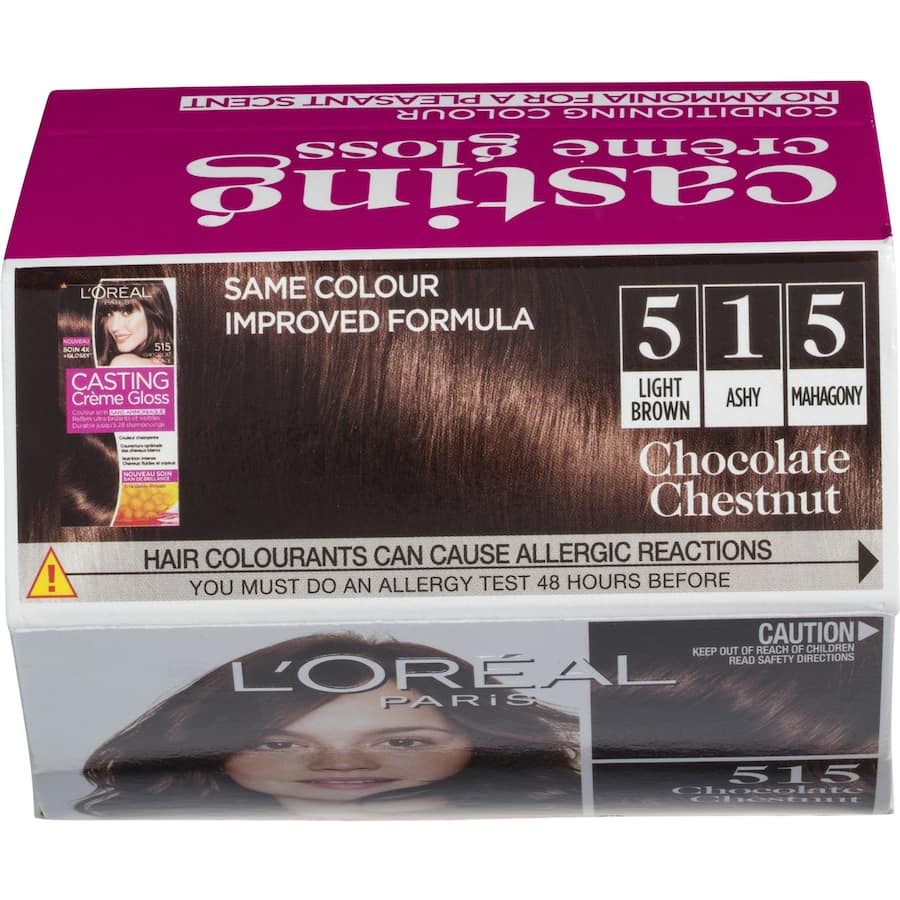 L'Oreal Paris Casting Hair Colour Crème in Chocolate Chestnut, offering glossy, ammonia-free color for vibrant, nourished hair.