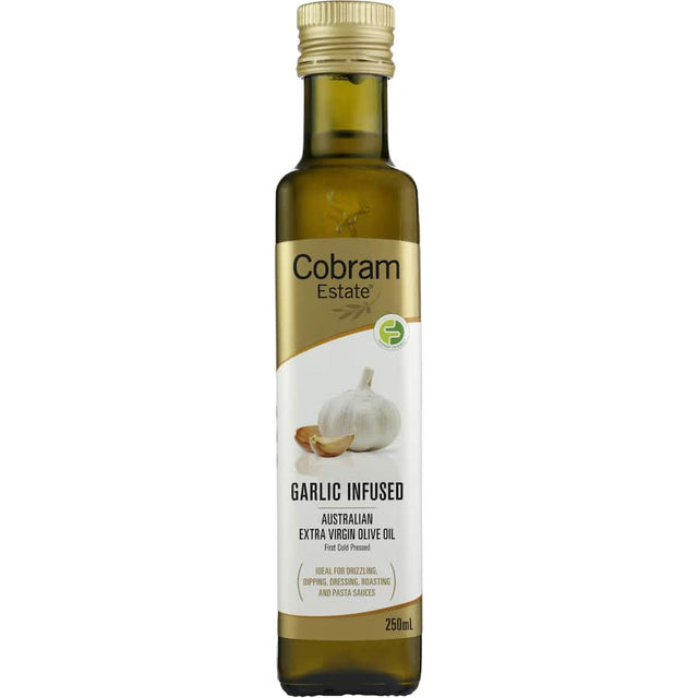 Cobram Estate Garlic Olive Oil bottle showcasing rich infused flavor, perfect for enhancing dishes and FODMAP friendly.