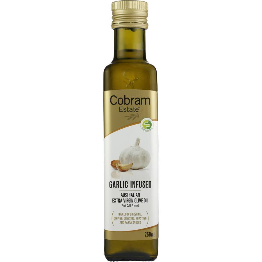 Cobram Estate Olive Oil Garlic bottle featuring rich olive oil infused with garlic, perfect for enhancing dishes and cooking.