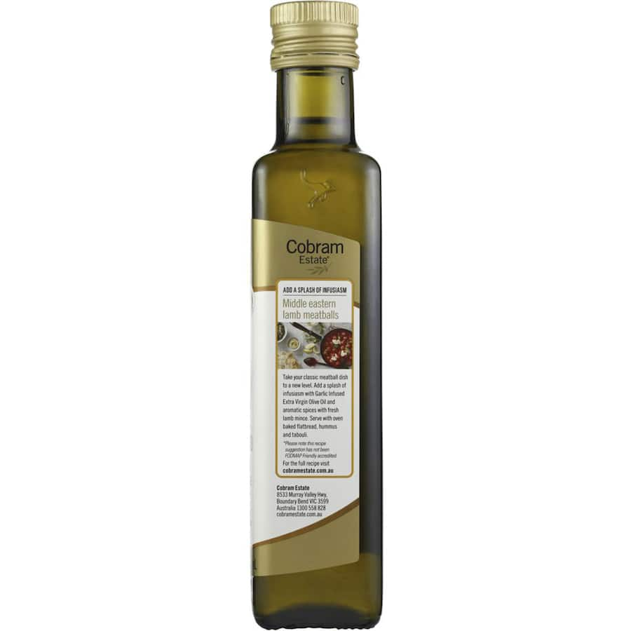 Cobram Estate Olive Oil Garlic: rich, FODMAP-friendly olive oil infused with garlic for enhanced flavor in various dishes.