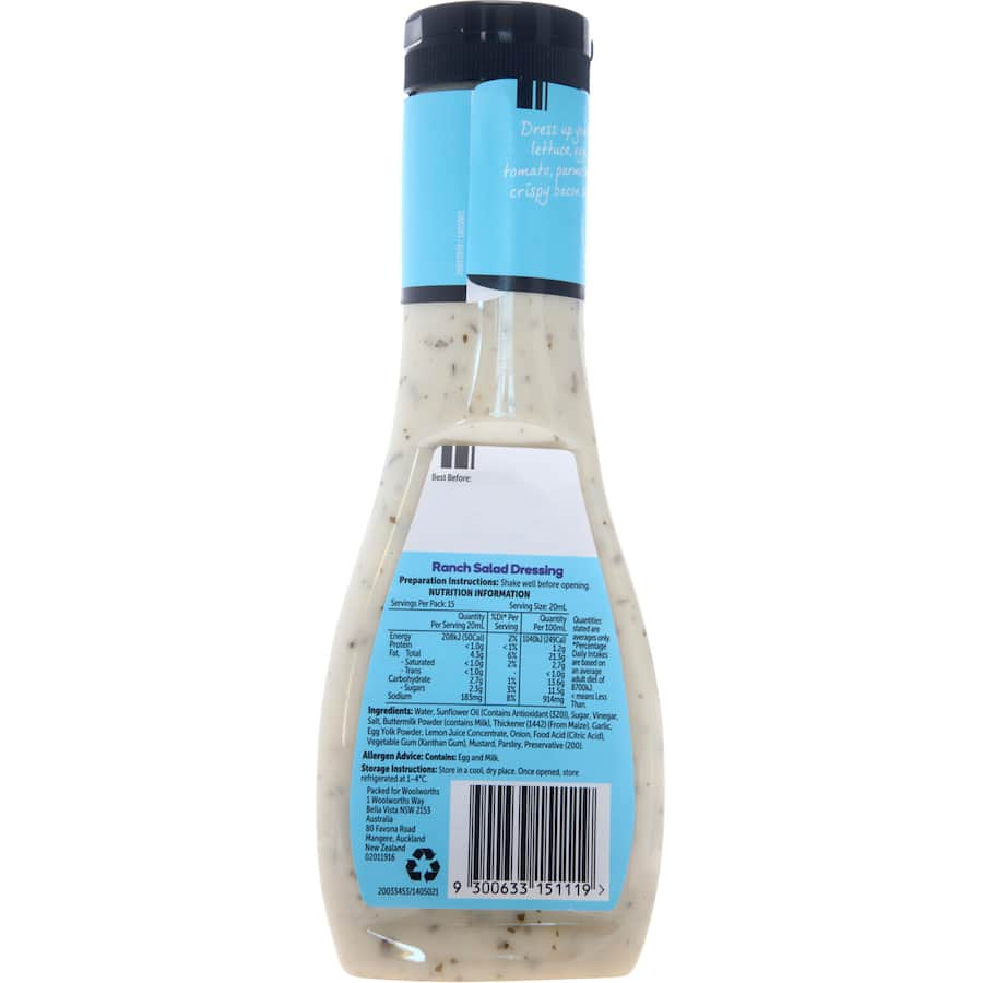 Creamy Woolworths Ranch Dressing, perfect for salads, dips, and marinades, with zesty herbs and no artificial colors.