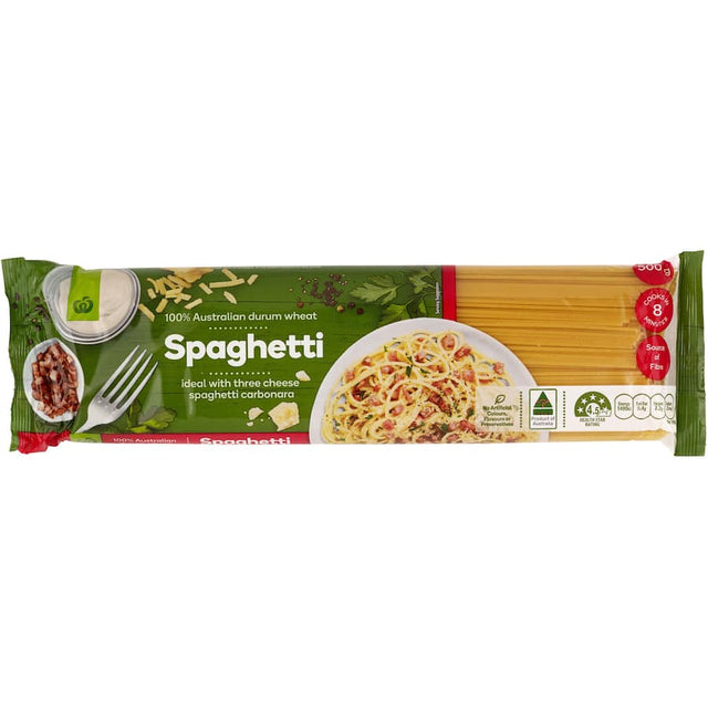 Woolworths Pasta Spaghetti made from Australian durum wheat, perfect for authentic Italian meals, free from artificial additives.