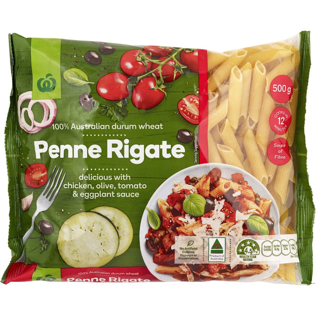 Woolworths Pasta Penne Rigate made from 100% Australian durum wheat, perfect for savory sauces with an al dente texture.