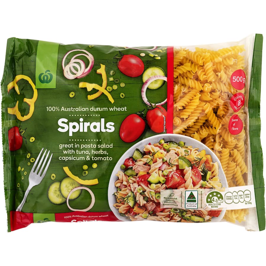 Woolworths Pasta Spirals made from 100% Australian durum wheat, perfect for creamy sauces or hearty soups.