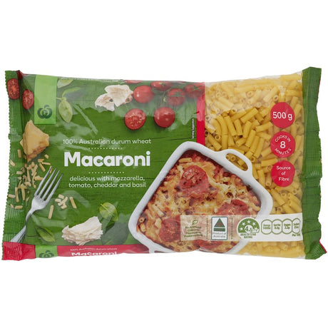 Woolworths Pasta Macaroni made from 100% Australian durum wheat, perfect for mac and cheese, pasta bakes, and salads.