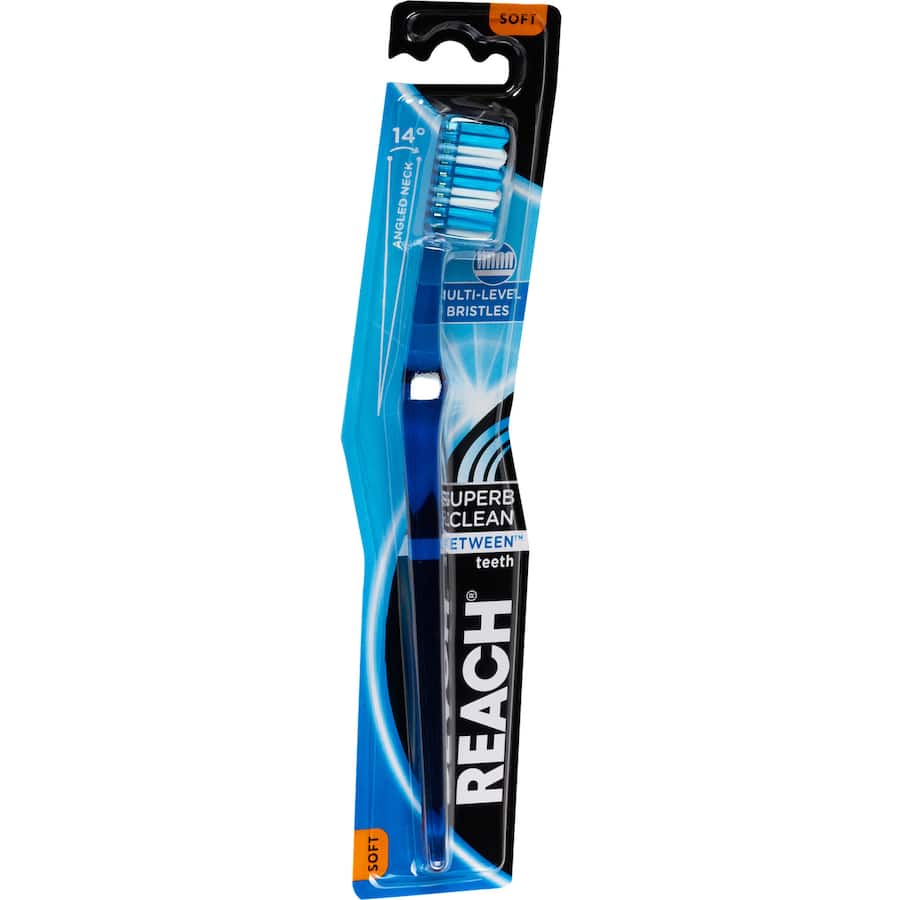 Soft-bristled Reach Between Toothbrush designed for gentle plaque removal and optimal gum care with rounded bristle ends.