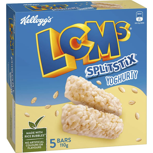 Kellogg's LCMs Split Stix snack bars feature crispy Rice Bubbles with creamy yoghurt, perfect for lunchboxes and on-the-go treats.