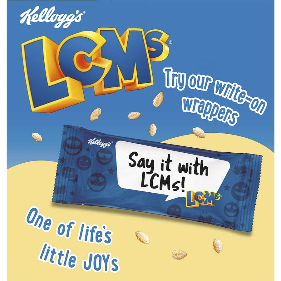 Kellogg's LCMs Split Stix Yoghurty bars with crispy Rice Bubbles and creamy yoghurt, individually wrapped for kids' snacks.