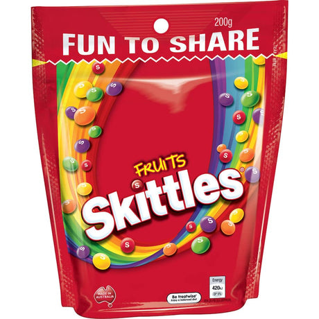 Vibrant Skittles Sweets Fruits showcasing a rainbow of chewy, fruity flavors perfect for sharing and enjoying.