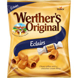 Werther's Original Sweets Eclairs feature creamy toffee with rich chocolate filling, blending tradition and indulgence in every bite.