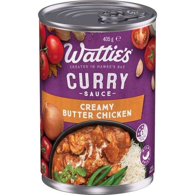 Wattie's Curry Sauce Creamy Butter Chicken, smooth and mild, perfect for quick dinners with chicken and basmati rice.