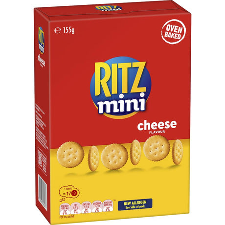 Ritz Mini Crackers Munching Cheese, featuring flaky texture and cheesy flavor, perfect for sharing at gatherings or snacking on the go.