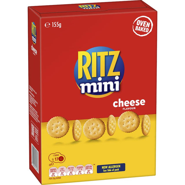 Ritz Mini Crackers Munching Cheese, featuring flaky texture and cheesy flavor, perfect for sharing at gatherings or snacking on the go.