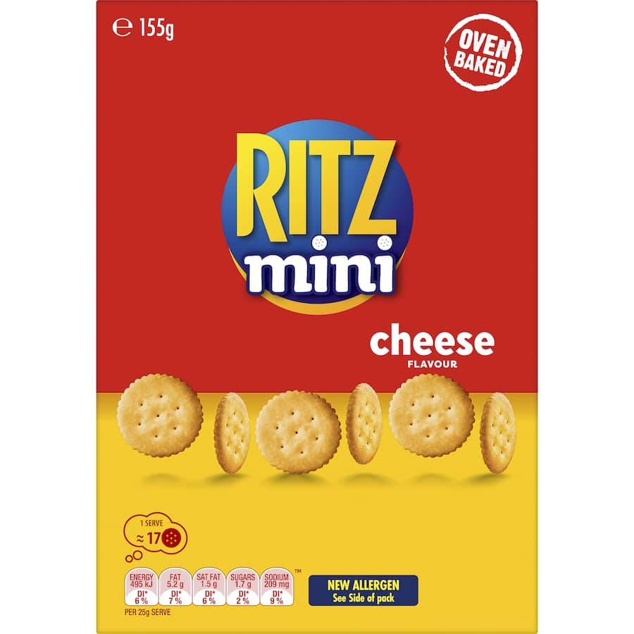 Ritz Mini Crackers Munching Cheese feature flaky, buttery texture with rich cheesy flavor, perfect for sharing at any occasion.