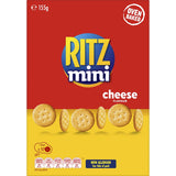 Ritz Mini Crackers Munching Cheese feature flaky, buttery texture with rich cheesy flavor, perfect for sharing at any occasion.