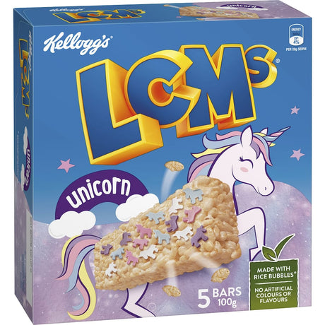 Colorful Kellogg's LCMs Unicorn Rice Bubbles bars with marshmallow flavor and unicorn sprinkles, perfect for kids' snacks.