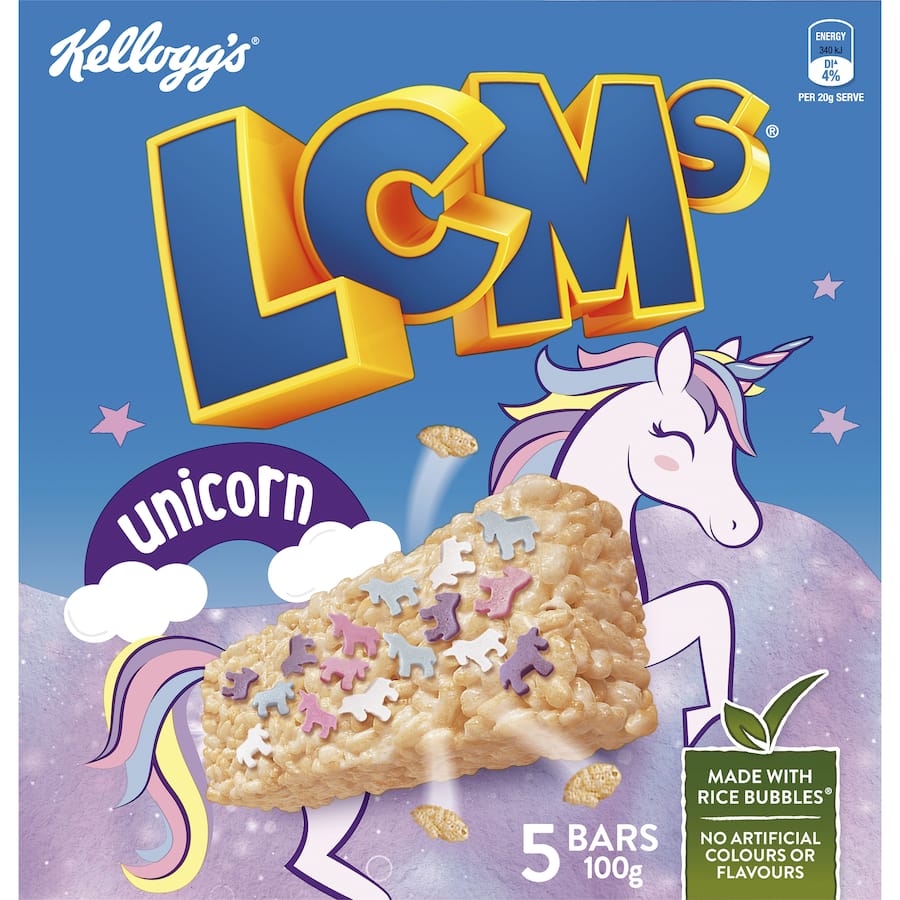 Kellogg's LCMs Unicorn Rice Bubbles bars with marshmallow flavor and unicorn sprinkles, perfect for kids' snacks.