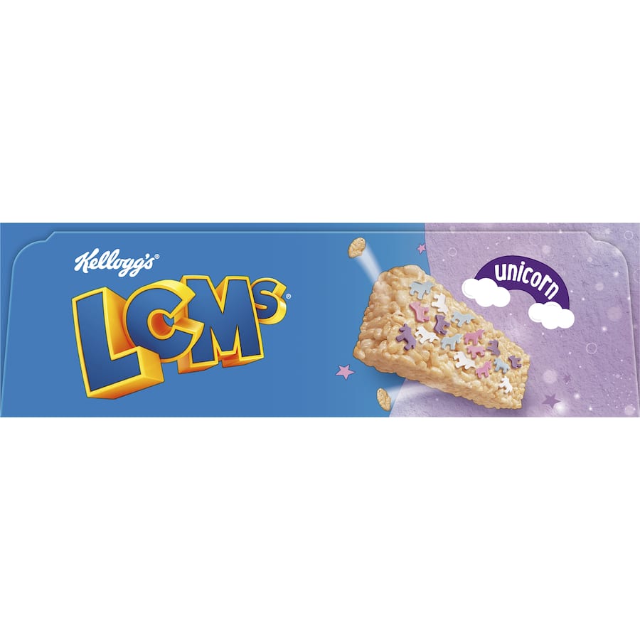 Kellogg's LCMs Unicorn Bars featuring Rice Bubbles, marshmallow flavor, and colorful unicorn sprinkles in a 5-pack.