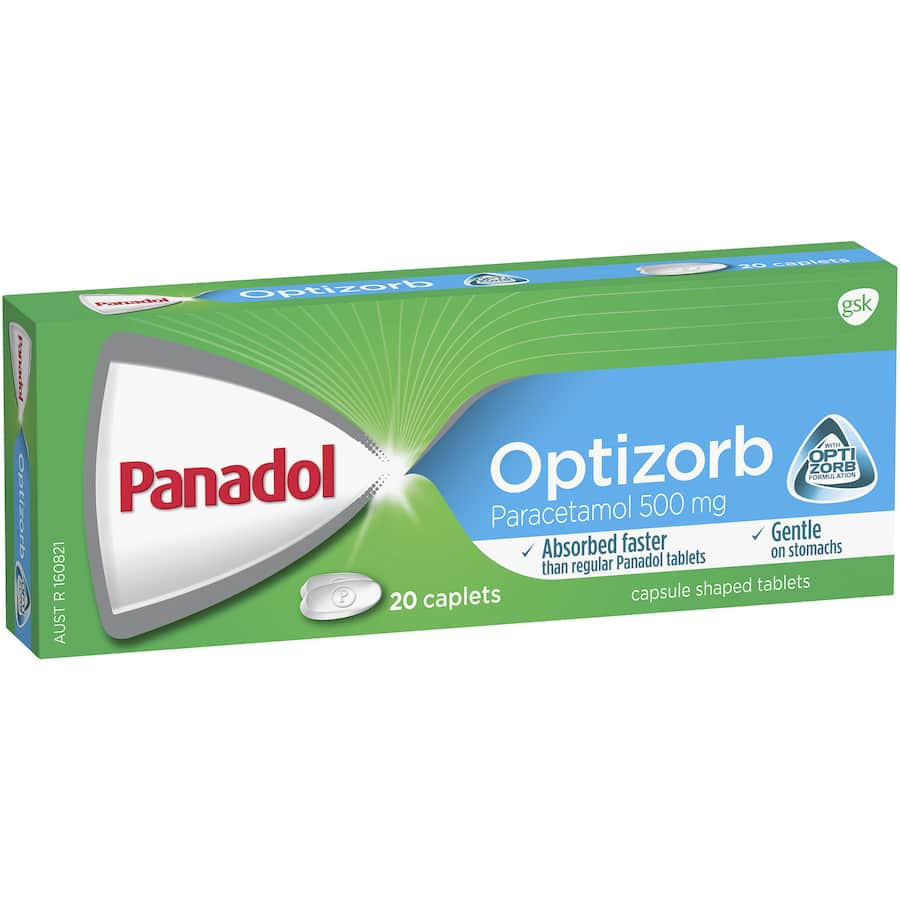 Fast-acting Panadol Optizorb Paracetamol 500mg caplets for effective pain relief, gentle on the stomach and quick to absorb.