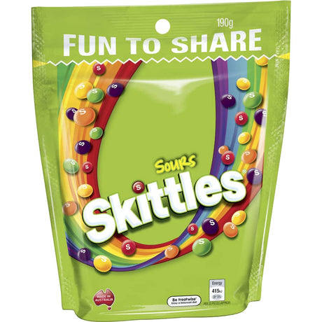 Colorful Skittles Sours Lollies in a large bag, featuring a crunchy shell and tangy flavors like lemon, orange, and grape.